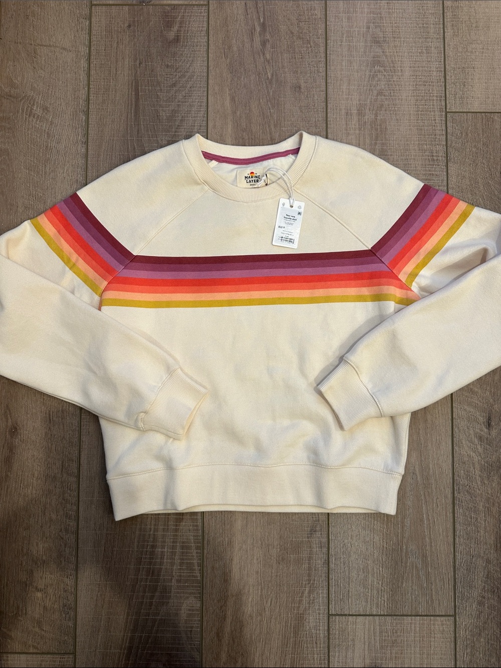 Marine Layer Cream Crewneck with Rainbow Stripe Detail